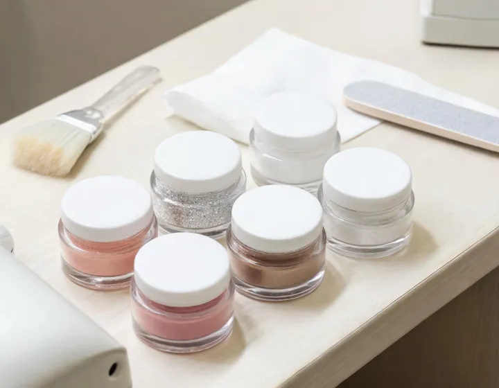 Dip Powder Sourcing on a cosmetics bench, illustration only